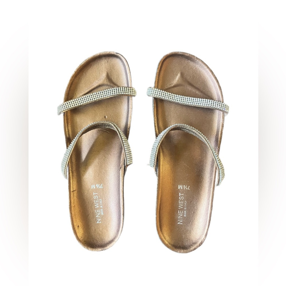 Nine West Good4U Rhinestone/Bronze Slide Sandals•Made in Italy•Size 7.5